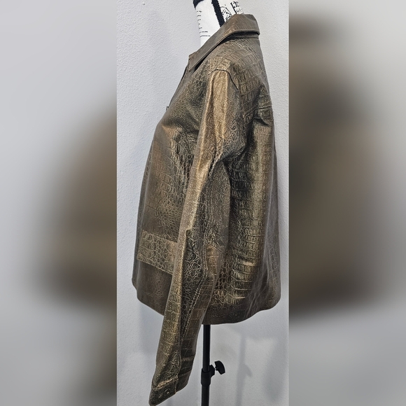 CHICO'S Womens 100% Leather Metallic Reptil Print Zip Front Pockets Jacket Sz 2 - Picture 6 of 16